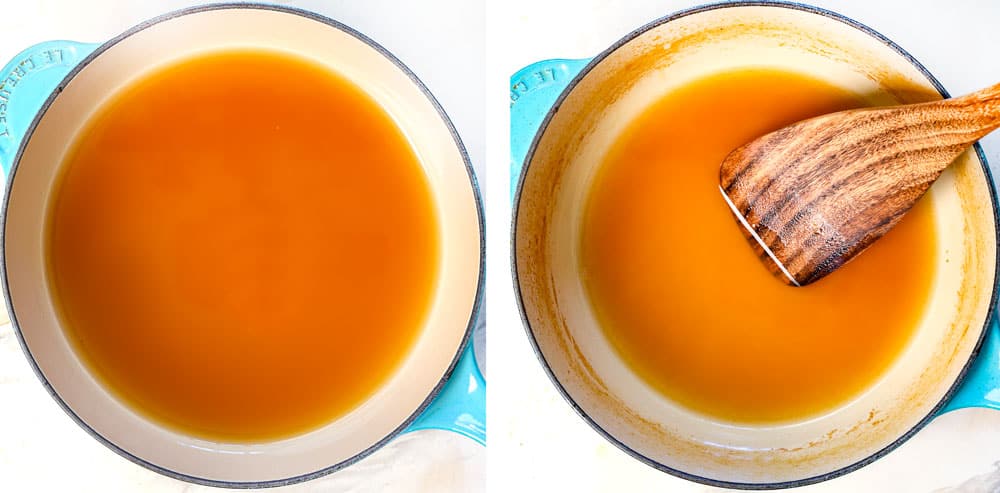 a collage showing how to make Apple Cider Donuts by reducing the apple cider in a saucepan until ยฝ cup remains