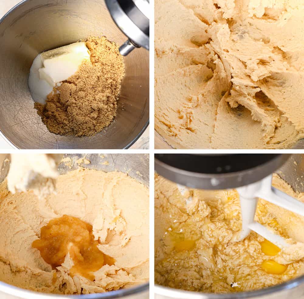 a collage showing how to make Apple Cider Donuts by creaming the butter and sugars, then mixing in applesauce, vanilla, and eggs