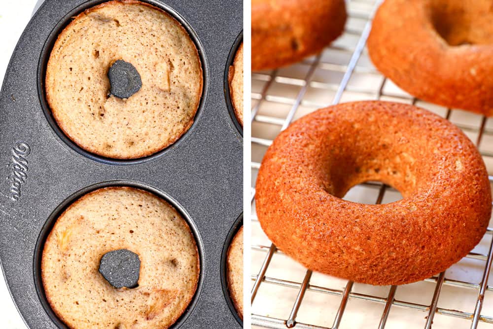 a collage showing how to make Apple Cider Donuts by baking until golden around the edges, then cooling on a wire rack