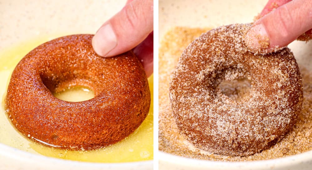 a collage showing how to make Apple Cider Donuts recipe by dunking the donuts in butter, then cinnamon and sugar mixture to coat