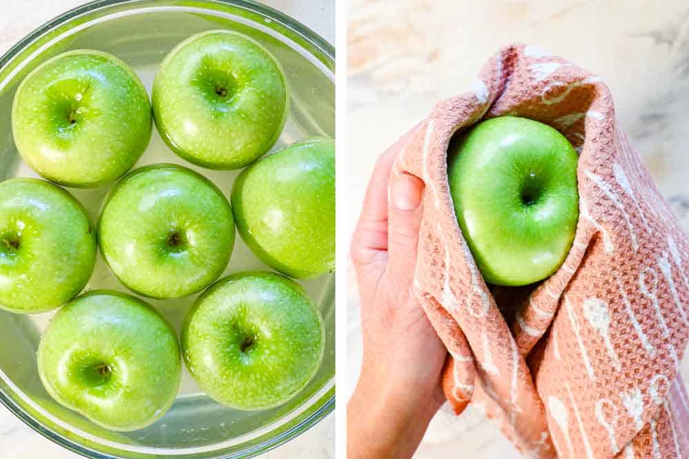 showing how to make caramel apples by soaking in water with vinegar and salt, then scrubbing with a kitchen towel to remove the wax coating