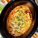 showing how to serve crockpot buffalo chicken dip chicken surrounded by celery, carrots, crackers and chips