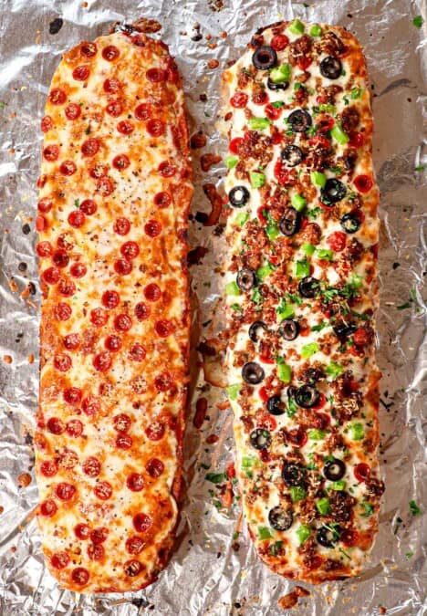showing how to make French Bread Pizza by baking on foil until the cheese is melted
