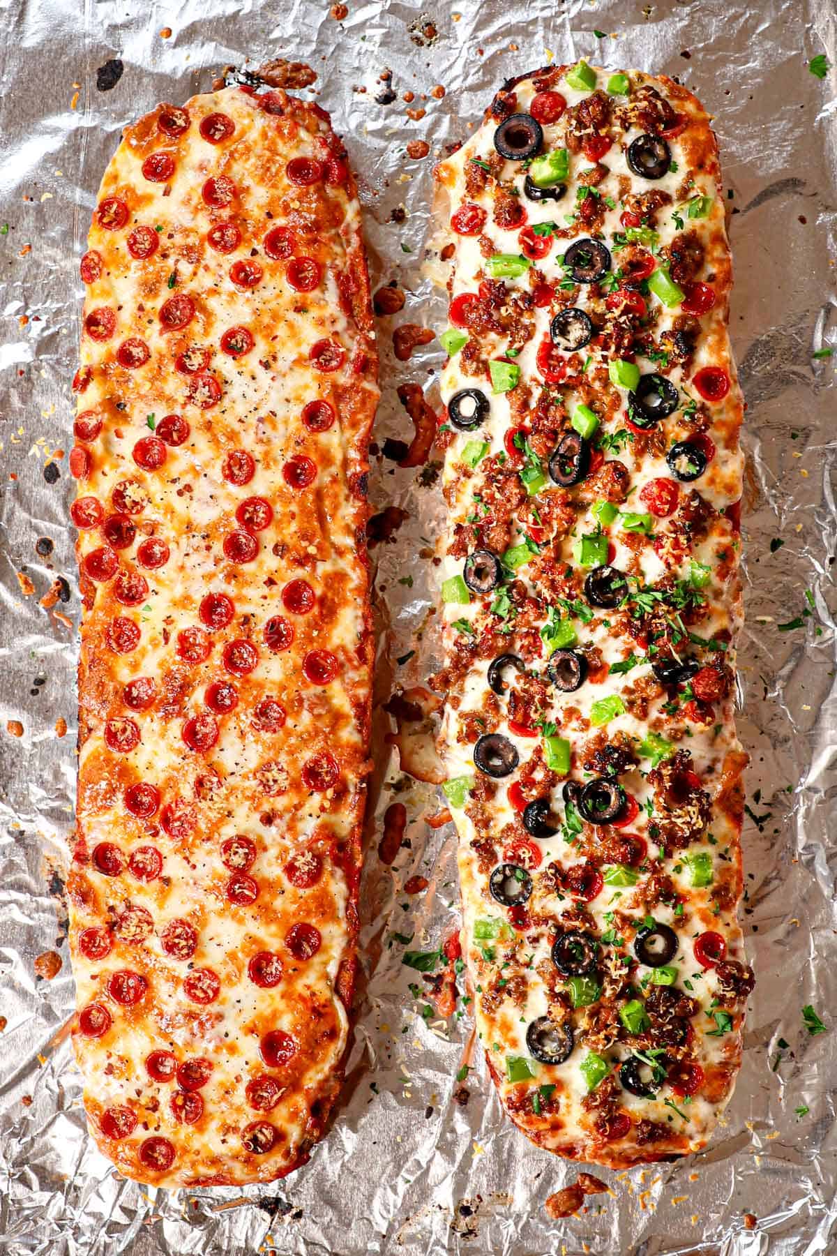 showing how to make French Bread Pizza by baking on foil until the cheese is melted