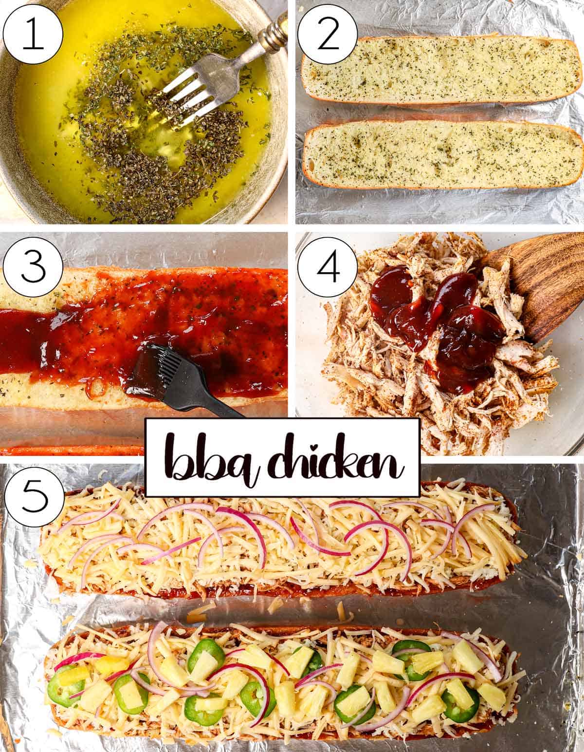 a collage showing how to make BBQ Chicken French Bread pizza by whisking together the garlic butter and brushing it over the French bread, baking the French bread, adding BBQ sauce to the bread, then combining the shredded chicken with spices, then adding to the pizza with cheese and red onions