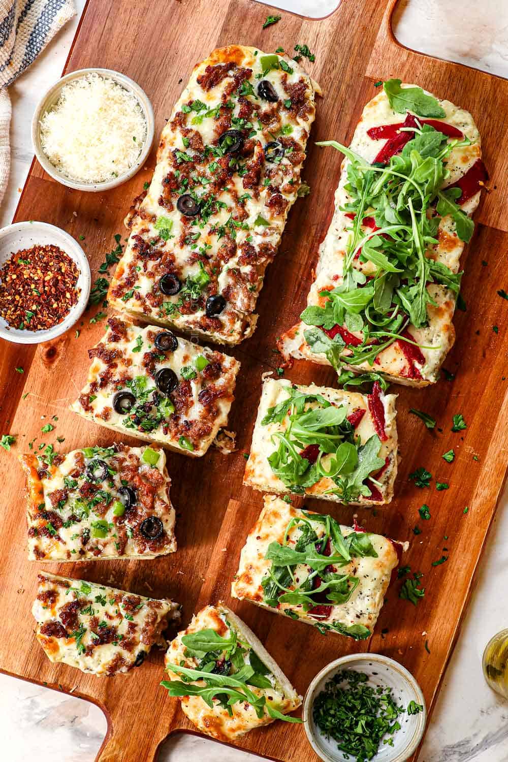 top view of how to make French Bread pizza bianca by baking until the cheese is melted