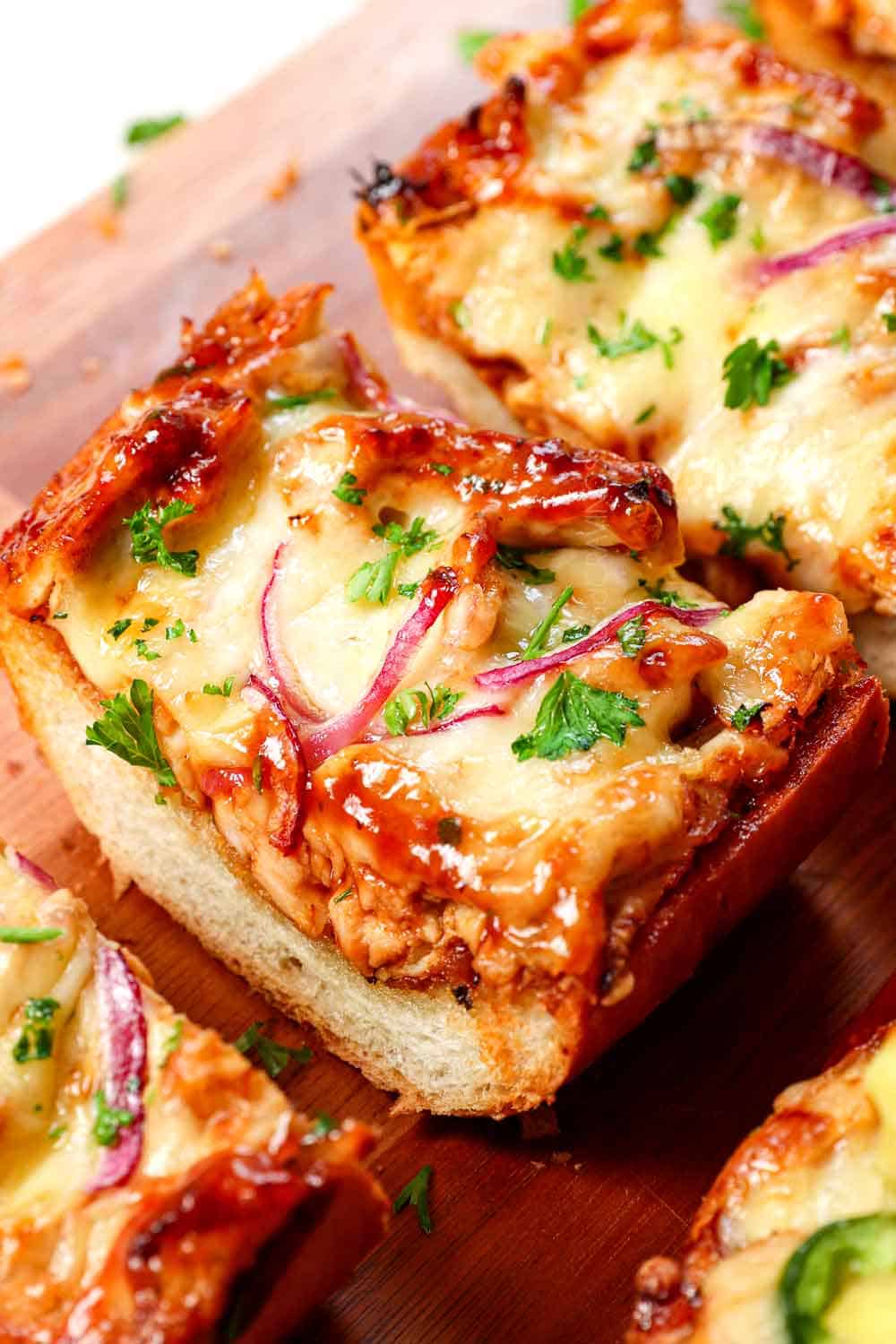 showing how to make BBQ Chicken French bread pizza by baking until the cheese is melted, then topping with cilantro
