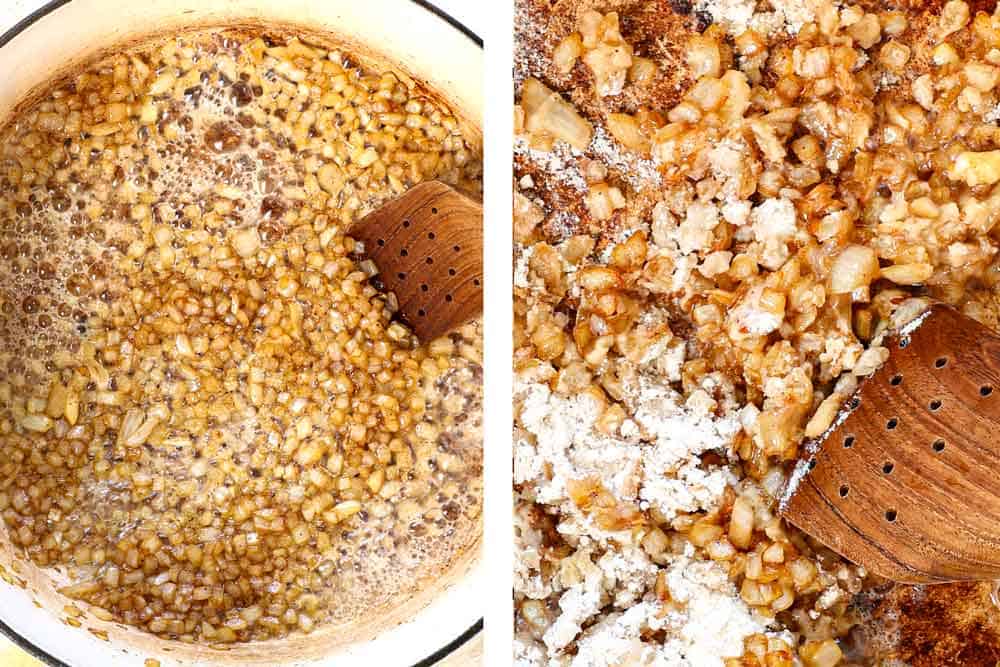 Showing how to make baked potato soup by sautรฉing onions and garlic in bacon grease, then cooking flour