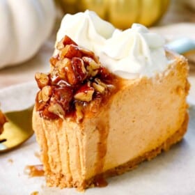 up close of No Bake Pumpkin Cheesecake with a bite taken out showing how thick and creamy it is