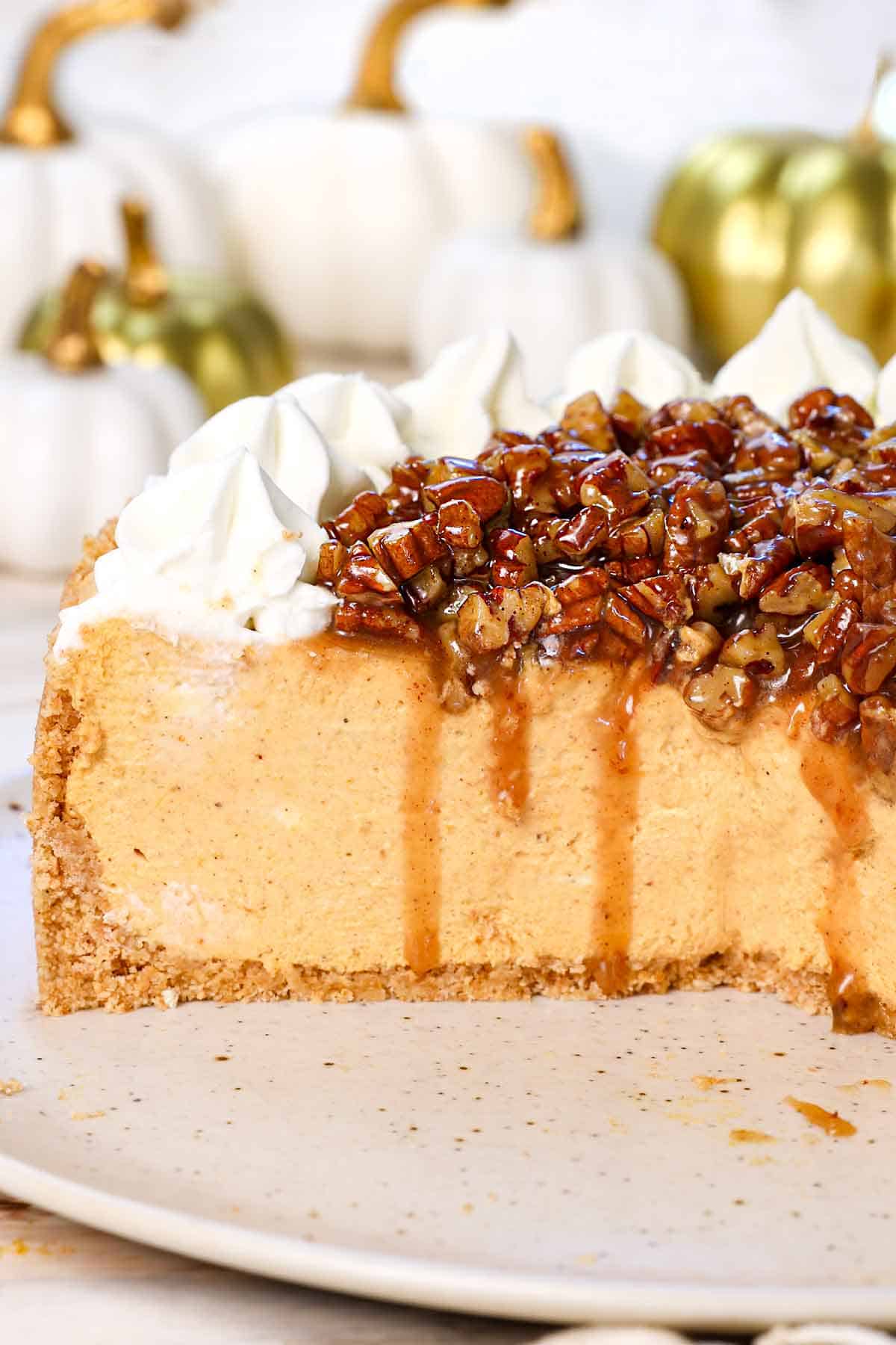 up close of No Bake Pumpkin Cheesecake recipe showing how creamy it is
