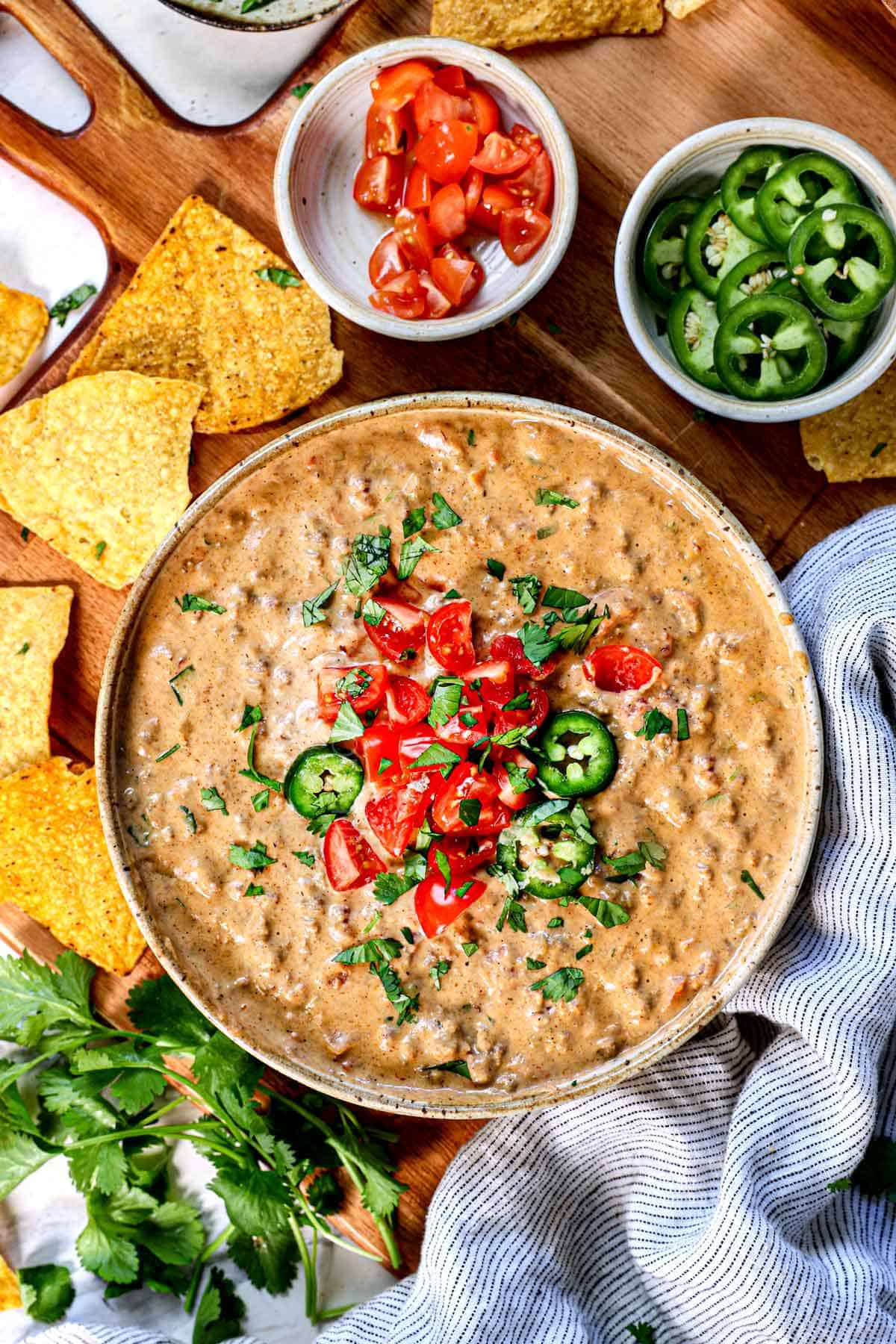 Top view of Rotel Dip being served in a bowl garnished with tomatoes and cilantro