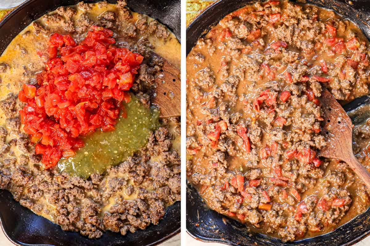a collage showing how to make Rotel Dip by adding the Rotel and milk, then simmering to thicken