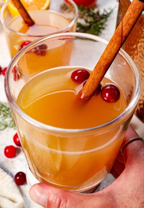 up close holding a glass of wassail