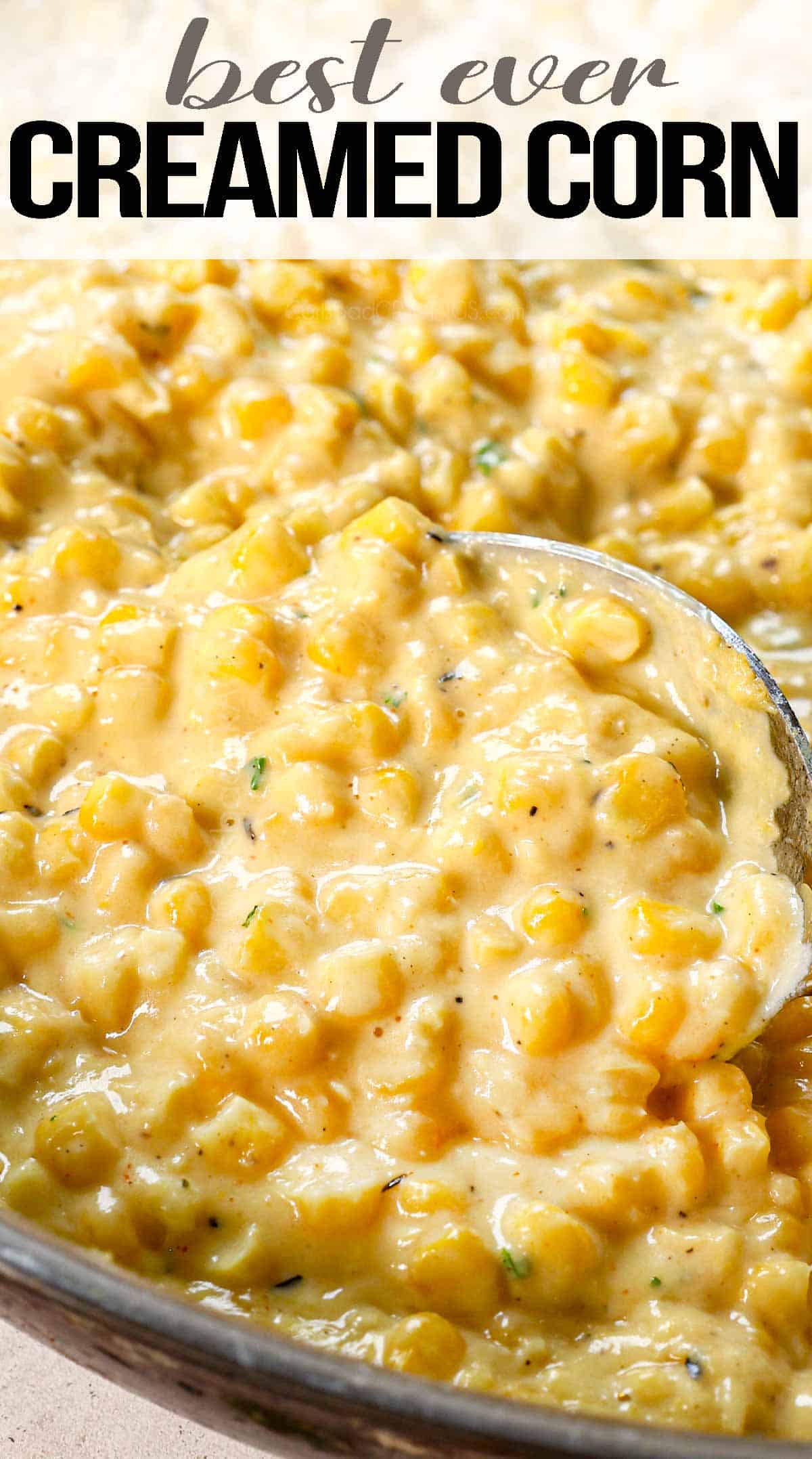 up close of a spoonful of creamed corn showing how rich and creamy it is