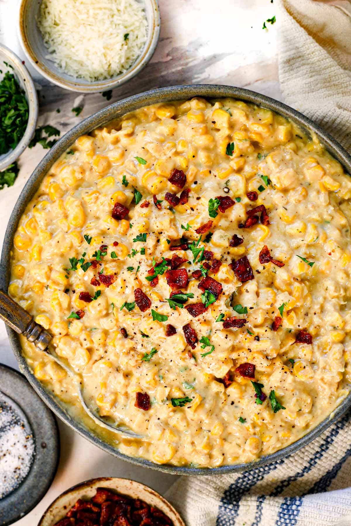 showing how to make creamed corn by adjusting the consistency to taste