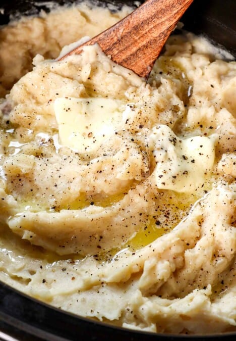 up close of Crockpot Mashed Potatoes showing how creamy they are