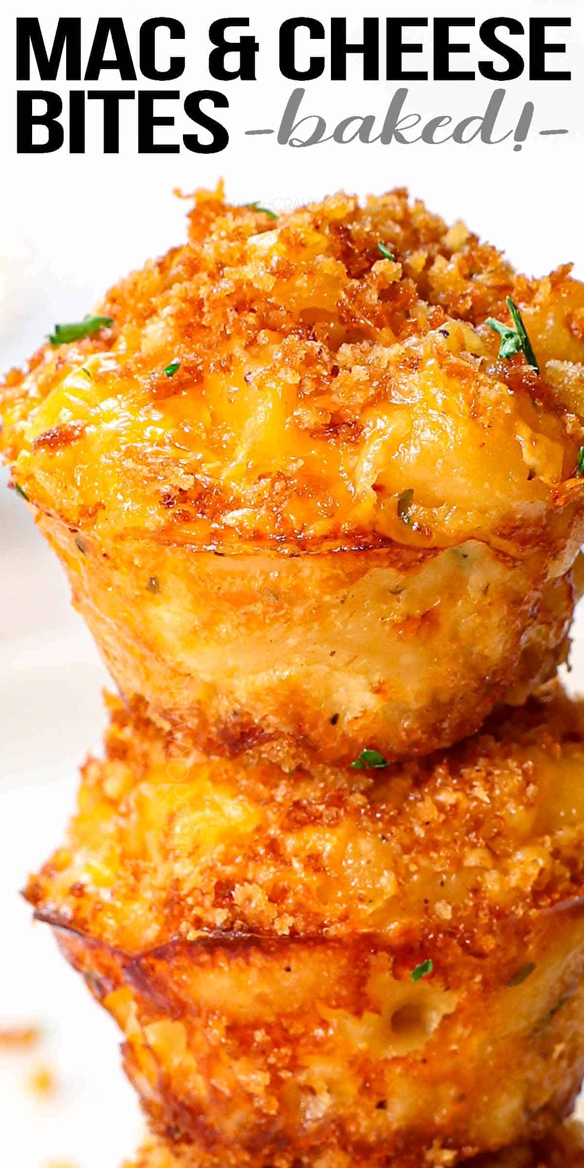 mac and cheese bites stacked together showing the golden exterior