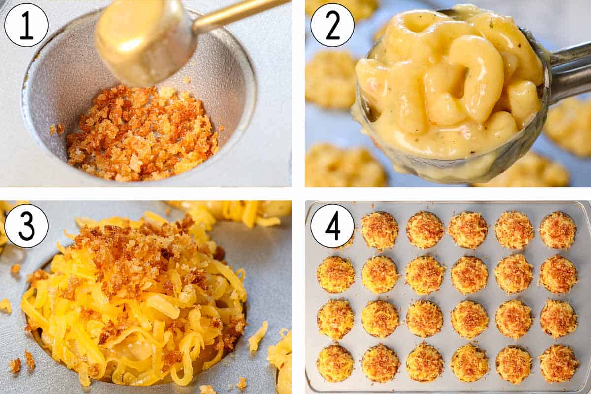 showing how to make make mac and cheese bites by adding panko to bottom of the muffin tin, then adding spoonfuls of mac and cheese, then top with cheese and panko