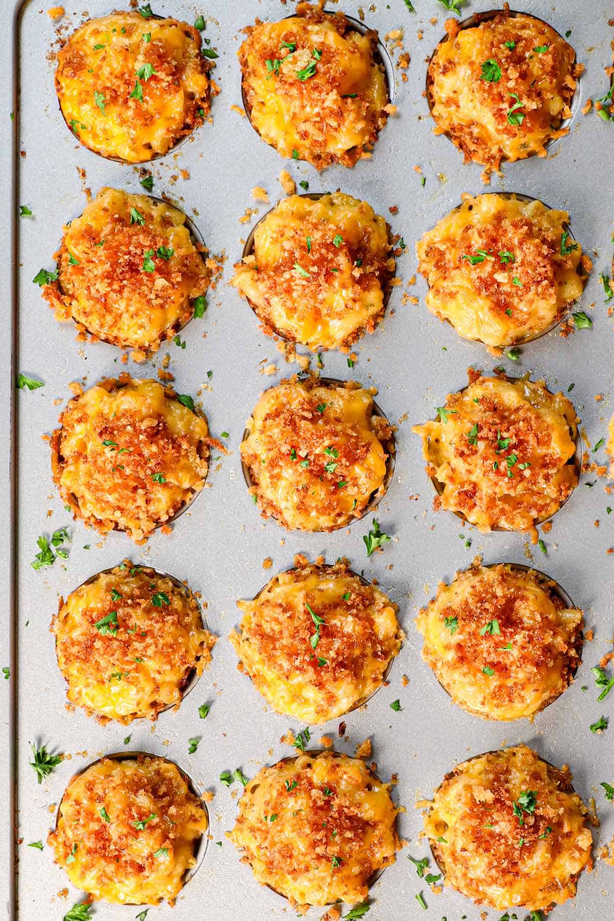 showing how to make mac and cheese bites by baking until golden and set