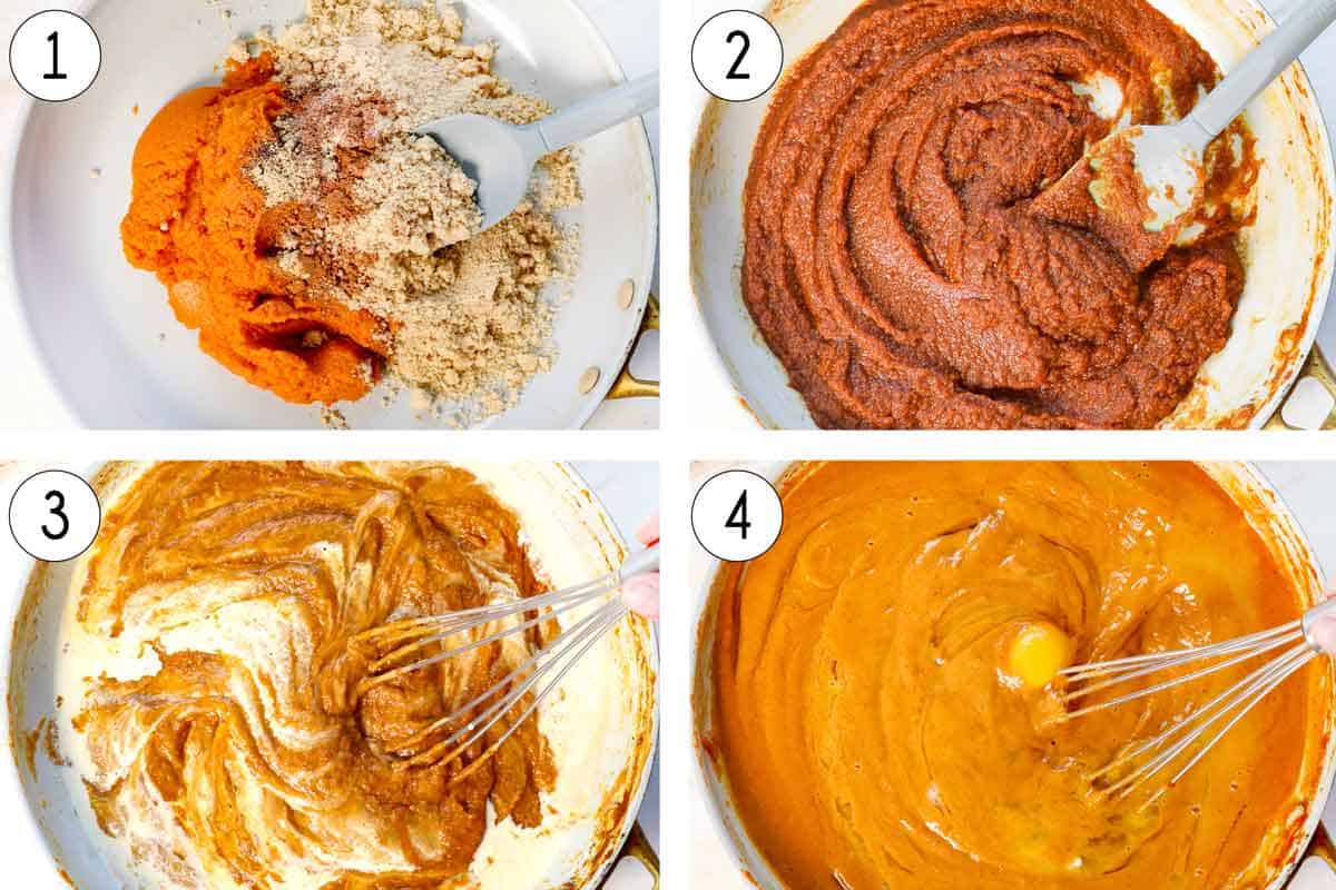 a collage showing how to make Mini Pumpkin Pies by cooking the pumpkin filling, then stirring in the heavy cream, vanilla, and eggs