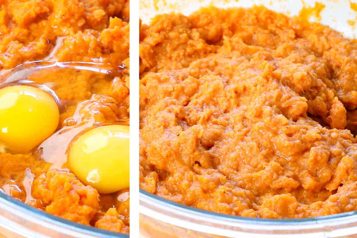 Showing how to make Sweet Potato Casserole by mixing the eggs into the sweet potato mixture until incorporated