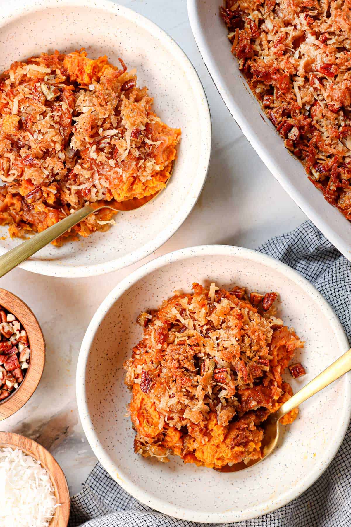 top view of best sweet potato casserole recipe being served in individual plates