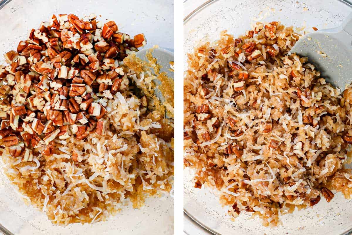 Showing how to make Sweet Potato Casserole by mixing the coconut topping ingredients together in a medium bowl