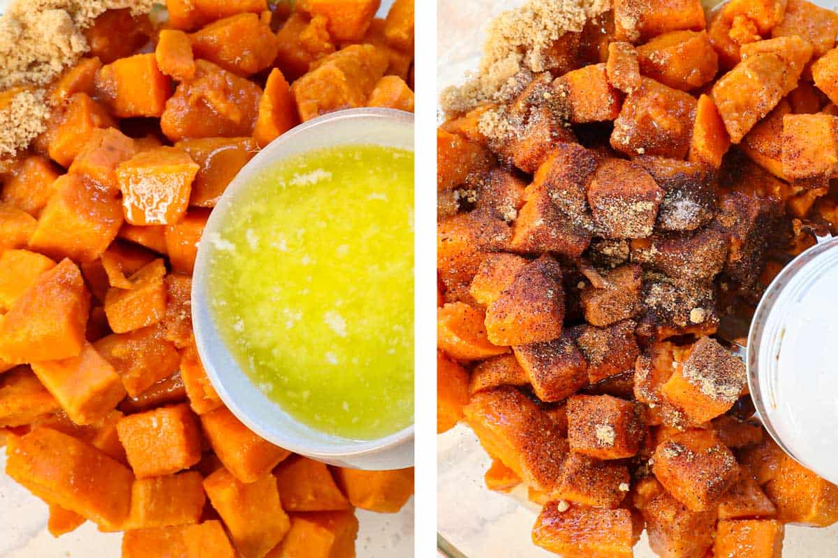 Showing how to make Sweet Potato Casserole by adding the boiled sweet potatoes, butter, milk, maple, spices to a large bowl and mixing to combine