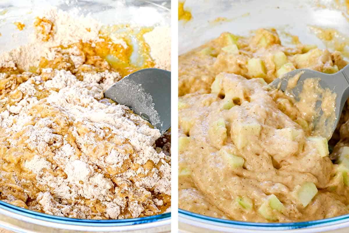 showing how to make apple fritters by mixing the dry ingredient into the wet ingredients, then folding in the apples