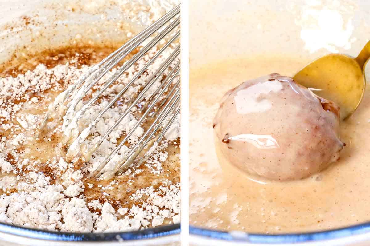 showing how to make apple fritters by whisking the glaze ingredients together then dunking the apple fritters in the glaze until coated
