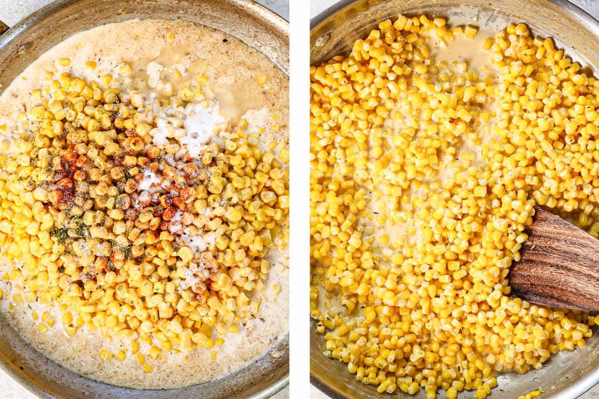 showing. how to make creamed corn by adding the corn, half and half, spices to the saucepan and simmering