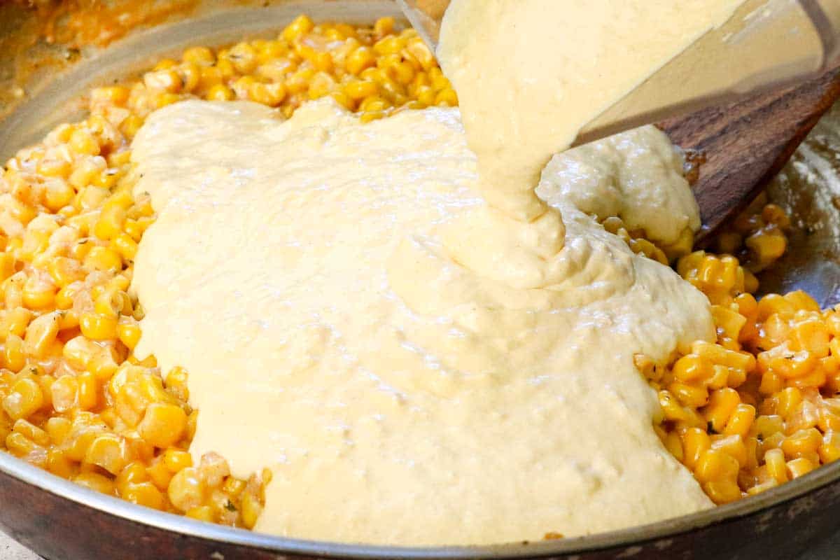 showing how to make creamed corn by stirring the blended corn into the simmered corn
