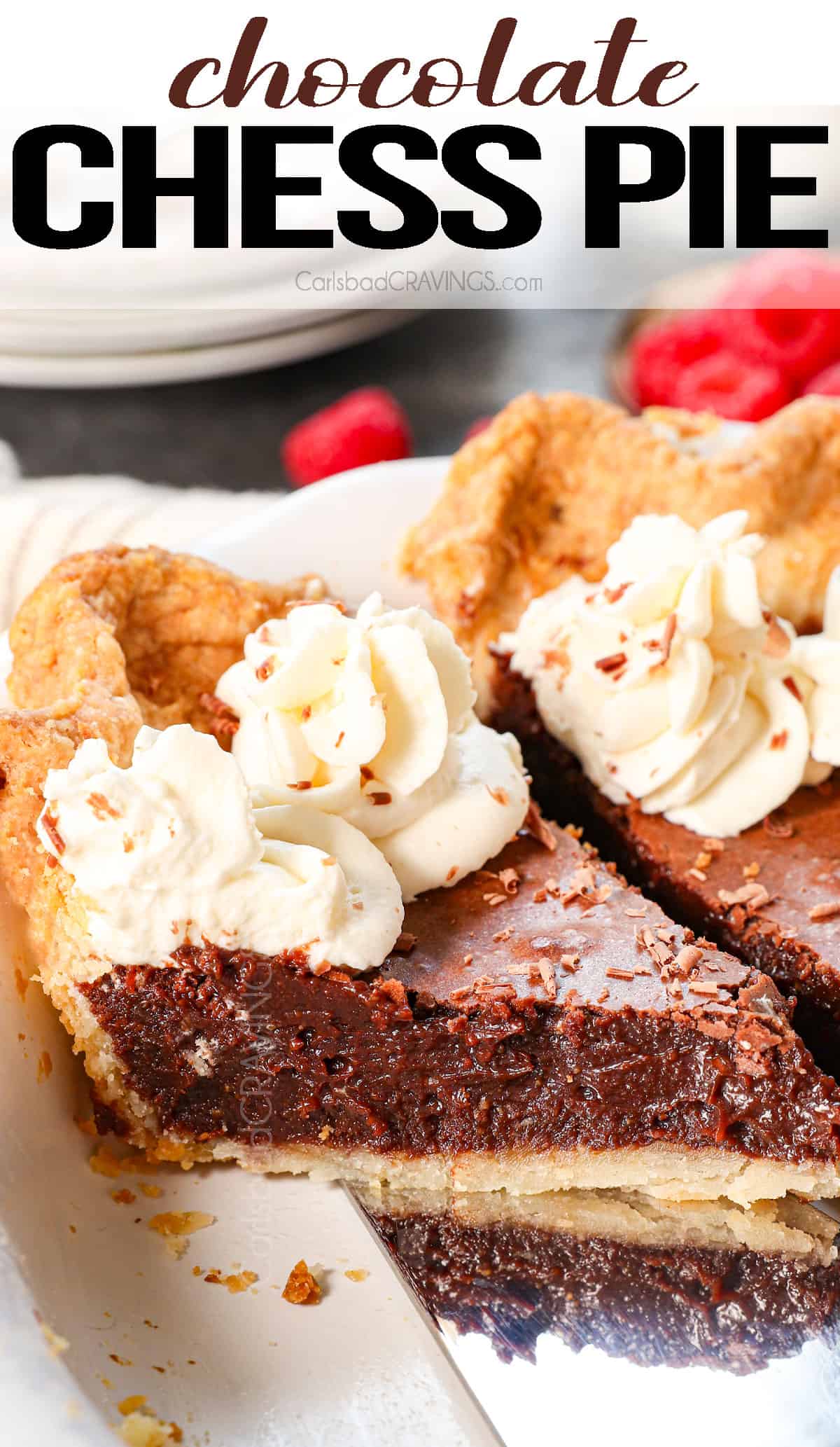 up close of serving chocolate chess pie showing how fudgy the inside filling is