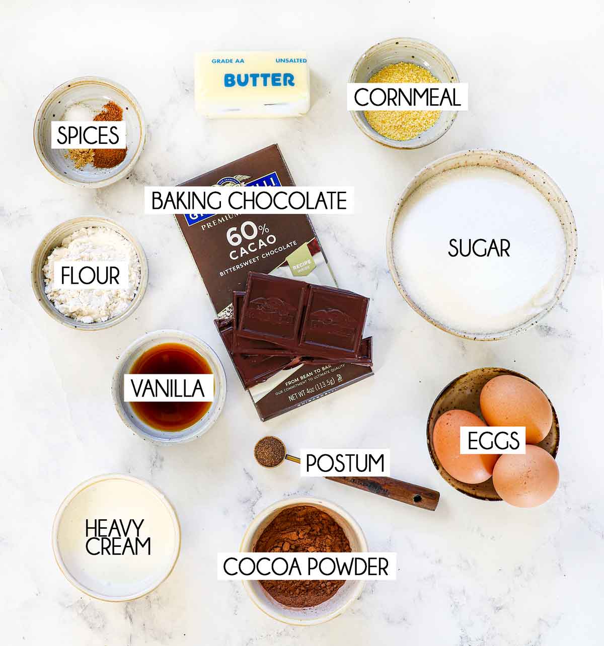 chocolate chess pie ingredients: bittersweet baking chocolate, sugar, flour, cocoa powder, cornmeal, eggs, butter, ground cinnamon