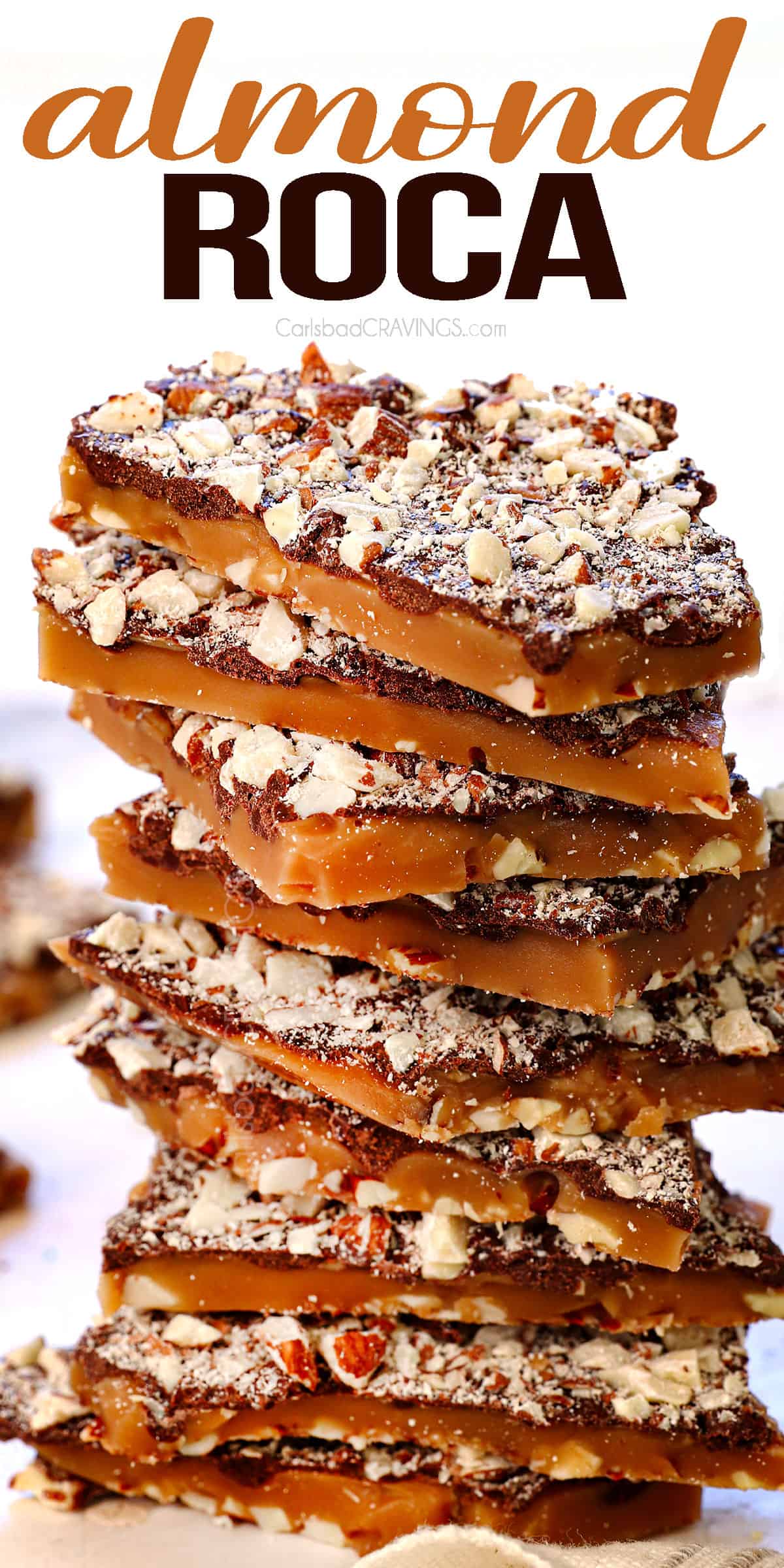 a stack of almond roca showing the toffee layer, chocolate layer, and nut layer