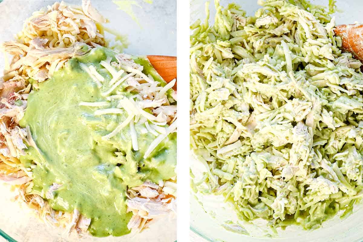 showing how to make Enchiladas Suizas by combining shredded chicken with 1 cup sauce and 2 cups cheese