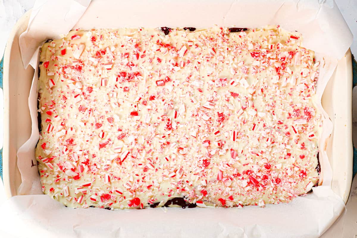 showing how to make peppermint bark by letting the bark rest until set in a 9x13 pan