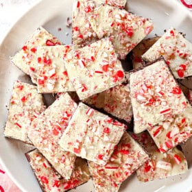 top view of best peppermint bark recipe being served on a platter