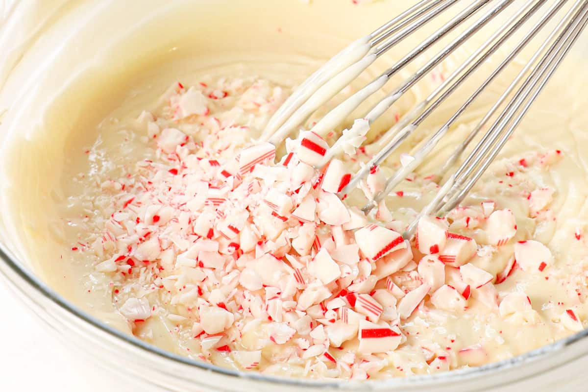 showing how to make peppermint bark by stirring in chopped candy canes