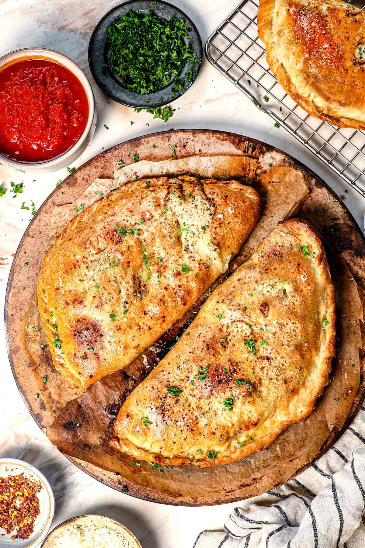top view of calzone recipe on a pizza stone