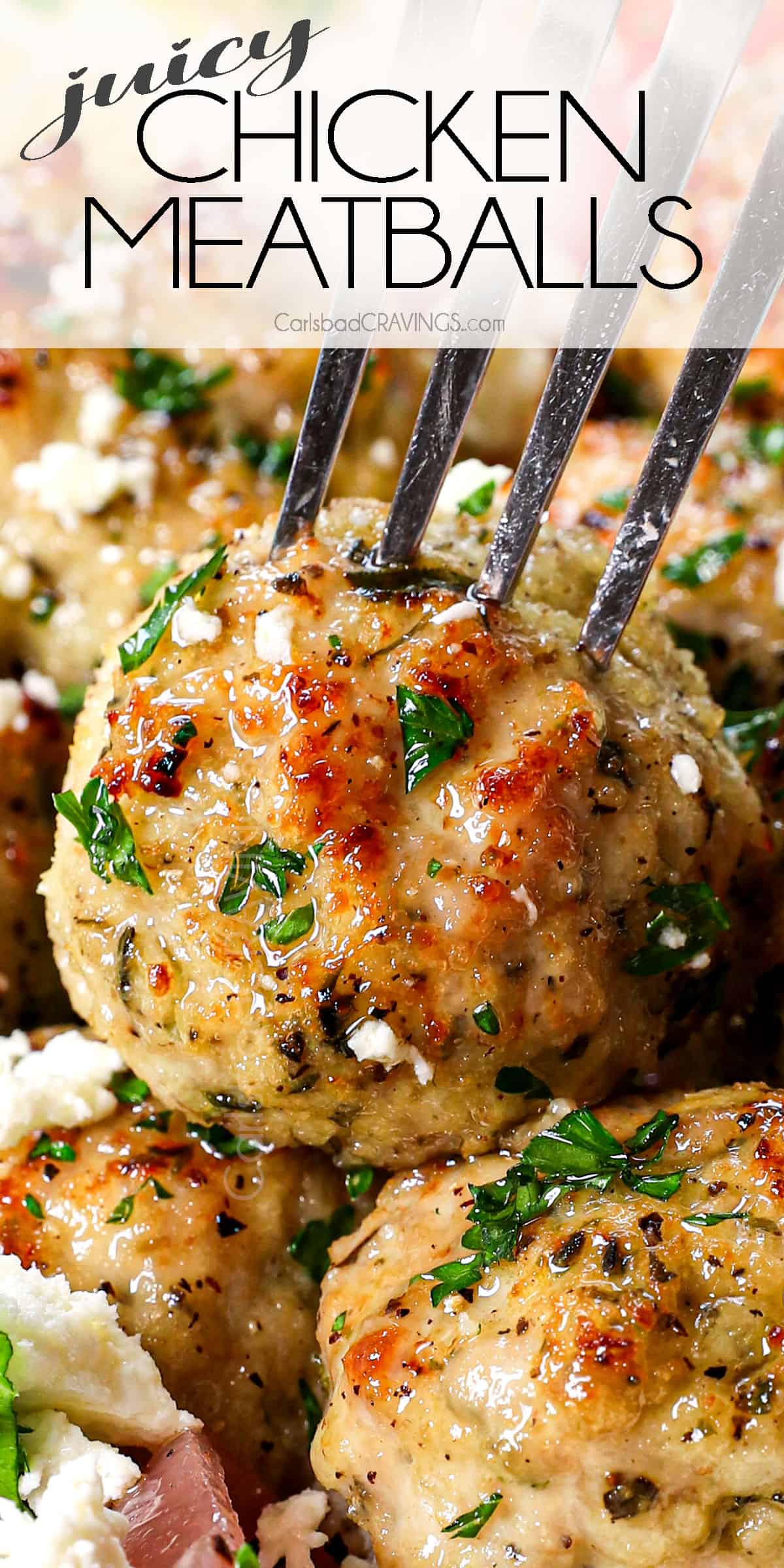 up close of a fork stabbing a juicy chicken meatball