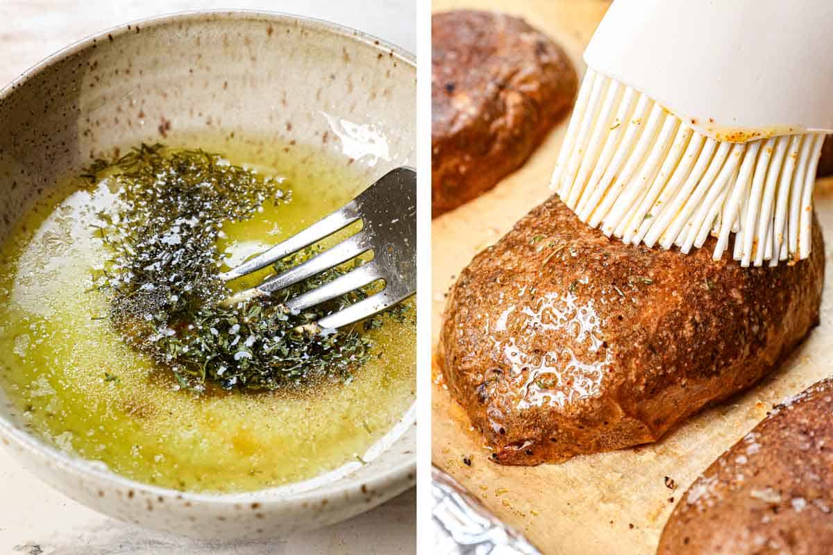 a collage showing how to make potato skins by whisking together the herb butter then brushing it over the potato skins