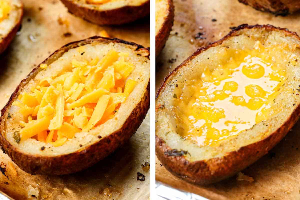 a collage showing how to make potato skins by adding cheese and broiling until it is melted