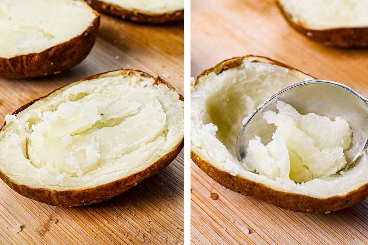 a collage showing how to make potato skins by cutting in half lengthwise, then hollowing out the inside, leaving a ยผ inch border