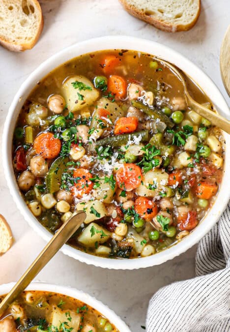top view of homemade vegetable soup being served in a bowl