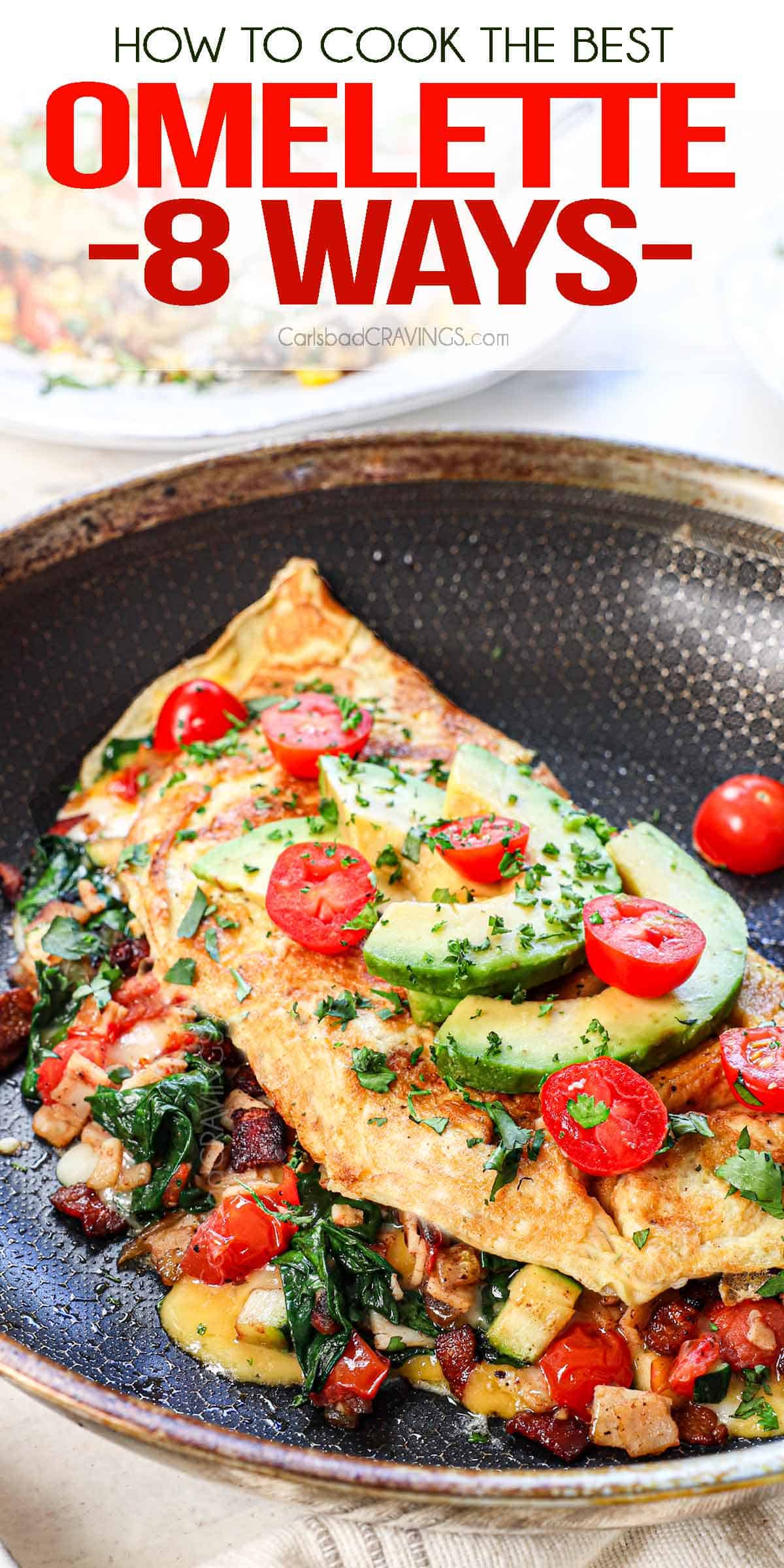 up close of an omelette in a pan showing how fluffy and cheesy it is