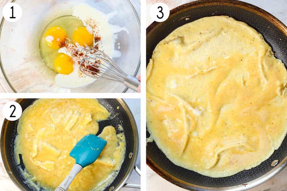a collage showing how to make an omelette by whisking the eggs, heavy cream, and spices in a bowl until froth, then adding to a skillet and pulling the eggs towards the center of the pan, and cooking until almost set